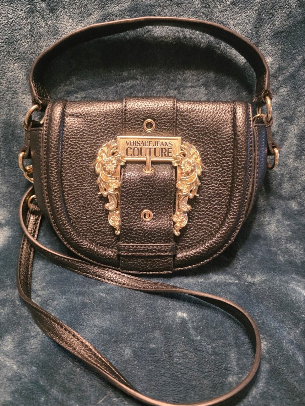 Versace Jeans Collection Black Leather Saddle Crossbody with Gold Crest